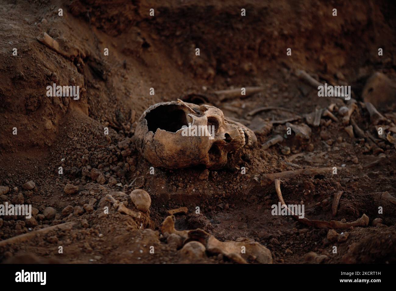 Überreste von Personen, die während des spanischen Bürgerkrieges von Franco-Truppen angeschossen wurden, wurden am 29.. Oktober 2021 in Belchite gefunden. (Foto von Juan Carlos Lucas/NurPhoto) Stockfoto