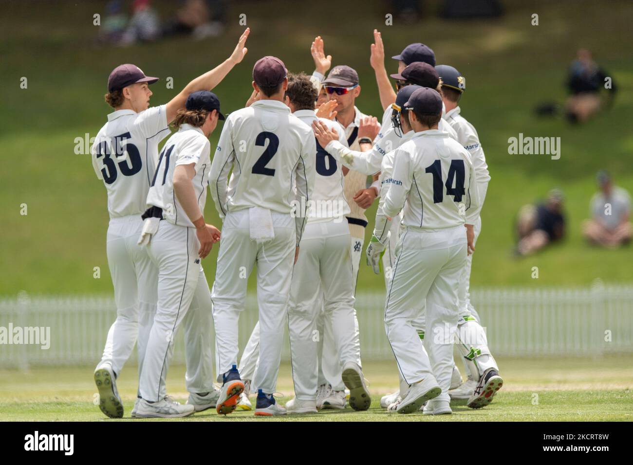 Jon Holland von Victoria feiert mit seinem Team, nachdem er am vierten Tag des Sheffield Shield-Matches zwischen New South Wales und Victoria am 30. Oktober 2021 in Sydney, Australien, das Wicket von Jason Sangha aus New South Wales in Drummoyne Oval genommen hat. (Foto von Izhar Khan/NurPhoto) Stockfoto