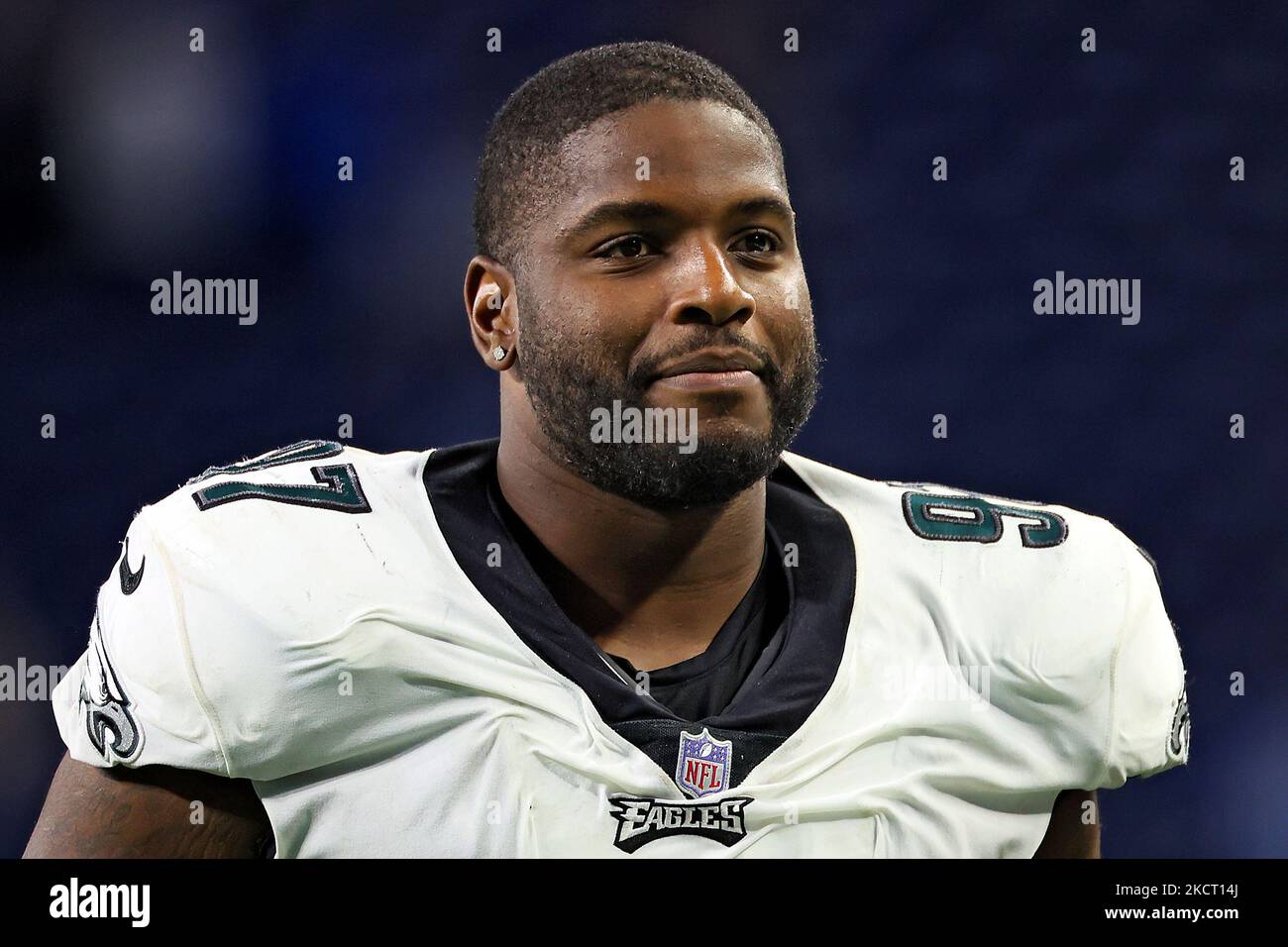 Philadelphia Eagles Defensive Tackle Javon Hargrave (97) geht am Ende eines NFL-Fußballspiels zwischen den Detroit Lions und den Philadelphia Eagles in Detroit, Michigan, USA, am Sonntag, den 31. Oktober 2021 vom Spielfeld. (Foto von Amy Lemus/NurPhoto) Stockfoto