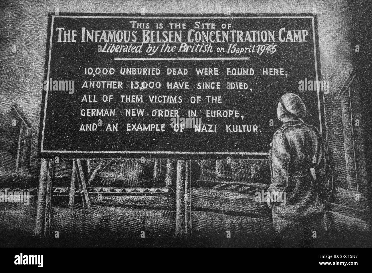 Radierung am Holocaust-Mahnmal in Toronto, Kanada, das das Schild vor dem Konzentrationslager Belsen zeigt. (Foto von Creative Touch Imaging Ltd./NurPhoto) Stockfoto