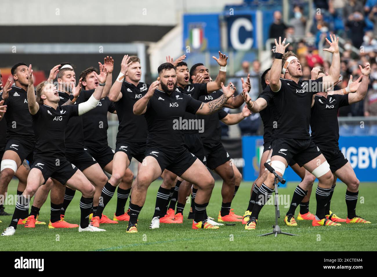 Alle Blacks/Neuseeland-Mannschaft, die Haka „Ka Mate“ vor dem Rugby Autumn  Nations Series-Spiel 2021 zwischen Italien und All Blacks/Neuseeland am 6.  November 2021 im Olimpic Stadium (Stadio Olimpico) in Rom, Italien,  aufführt. (Foto