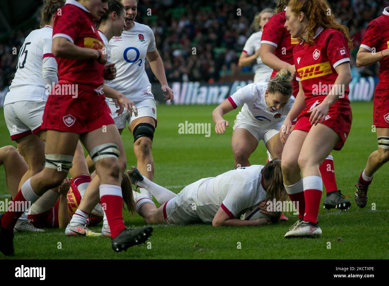 DaLeaka Menin aus Kanada punktet beim internationalen Spiel zwischen England und Canada Women bei der Stoop, Twickenham am Sonntag, 14.. November 2021. (Foto von Federico Maranesi/MI News/NurPhoto) Stockfoto