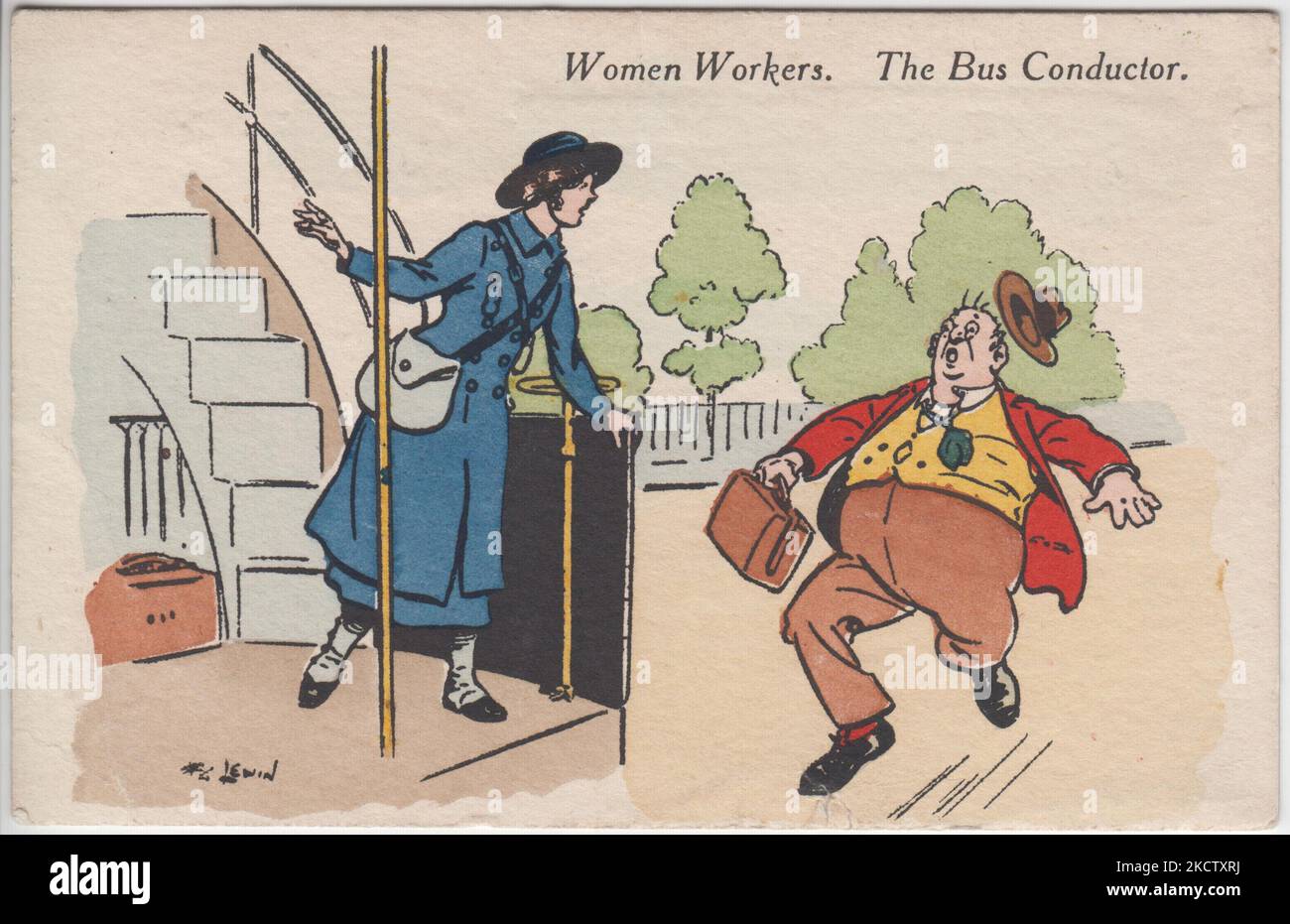 „Arbeiterinnen. The Bus Conductor': Karikatur von Frederick George Lewin (1861-1933). Das Farbbild zeigt eine Frau, die in einer Dirigentenuniform des Ersten Weltkriegs auf der Rückseite eines Busses steht und besorgt zuschaut, wie ein großer Mann bei einem gescheiterten Versuch, den Omnibus zu fangen, läuft Stockfoto
