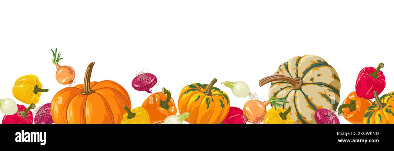 Farbenfrohes Gemüse-Banner im realistischen Stil für Druck und Design. Vektorgrafik. Stock Vektor