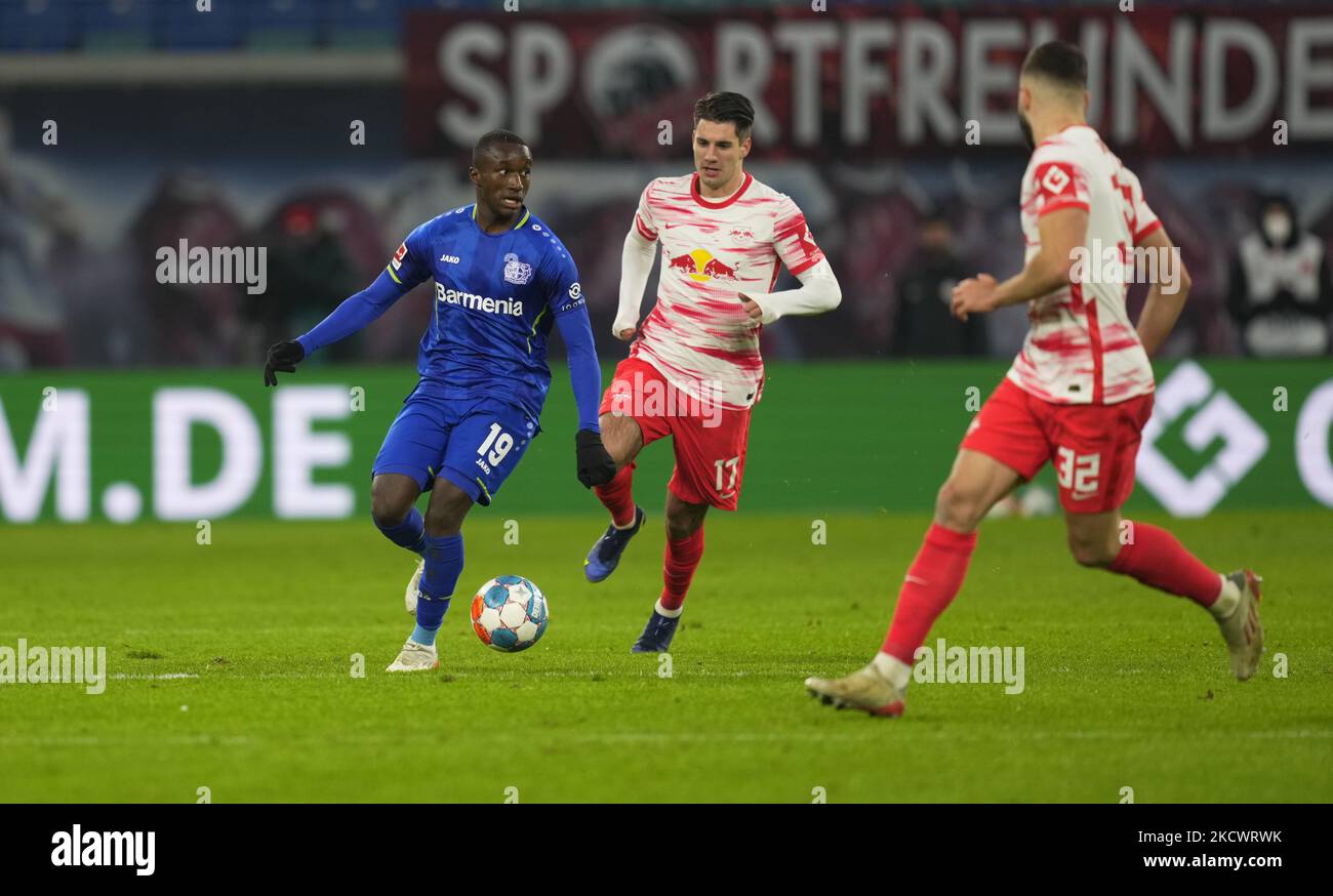 Moussa Diaby aus Leverkusen beim RB Leipzig gegen Leverkusen, Bundesliga, im Redbull-Stadion, Leipzig, Deutschland am 28. November 2021. (Foto von Ulrik Pedersen/NurPhoto) Stockfoto