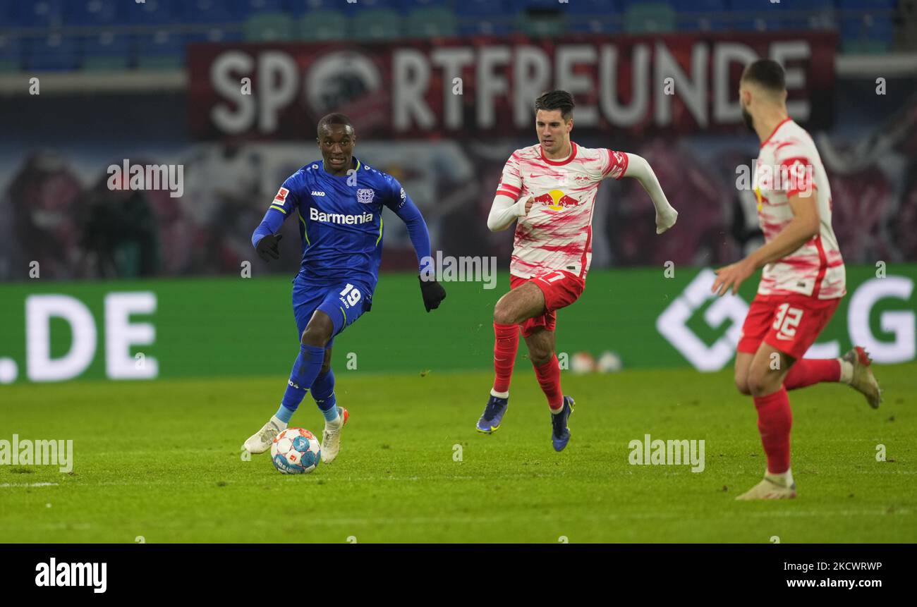 Moussa Diaby aus Leverkusen beim RB Leipzig gegen Leverkusen, Bundesliga, im Redbull-Stadion, Leipzig, Deutschland am 28. November 2021. (Foto von Ulrik Pedersen/NurPhoto) Stockfoto