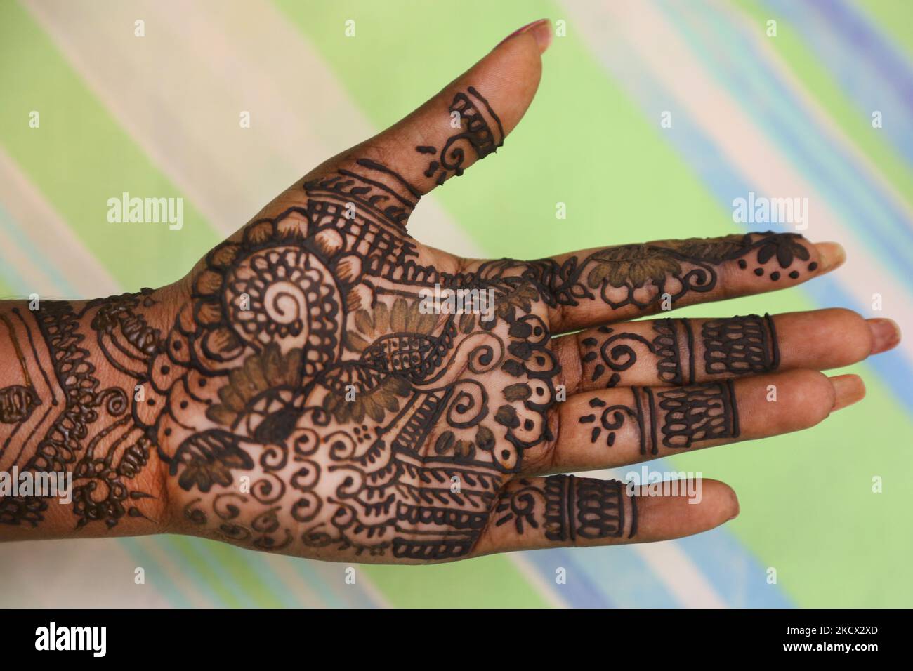 Hindu Woman zeigt das wunderschöne Henna (Mehndi) Design auf ihrer Hand, während sie auf das Trocknen des Henna wartet, während sie am 03. November 2021 auf dem Festival von Diwali in Toronto, Ontario, Kanada, ist. (Foto von Creative Touch Imaging Ltd./NurPhoto) Stockfoto Hindu Woman zeigt das wunderschöne Henna (Mehndi) Design auf ihrer Hand, während sie auf das Trocknen des Henna wartet, während sie am 03. November 2021 auf dem Festival von Diwali in Toronto, Ontario, Kanada, ist. (Foto von Creative Touch Imaging Ltd./NurPhoto) Stockfoto