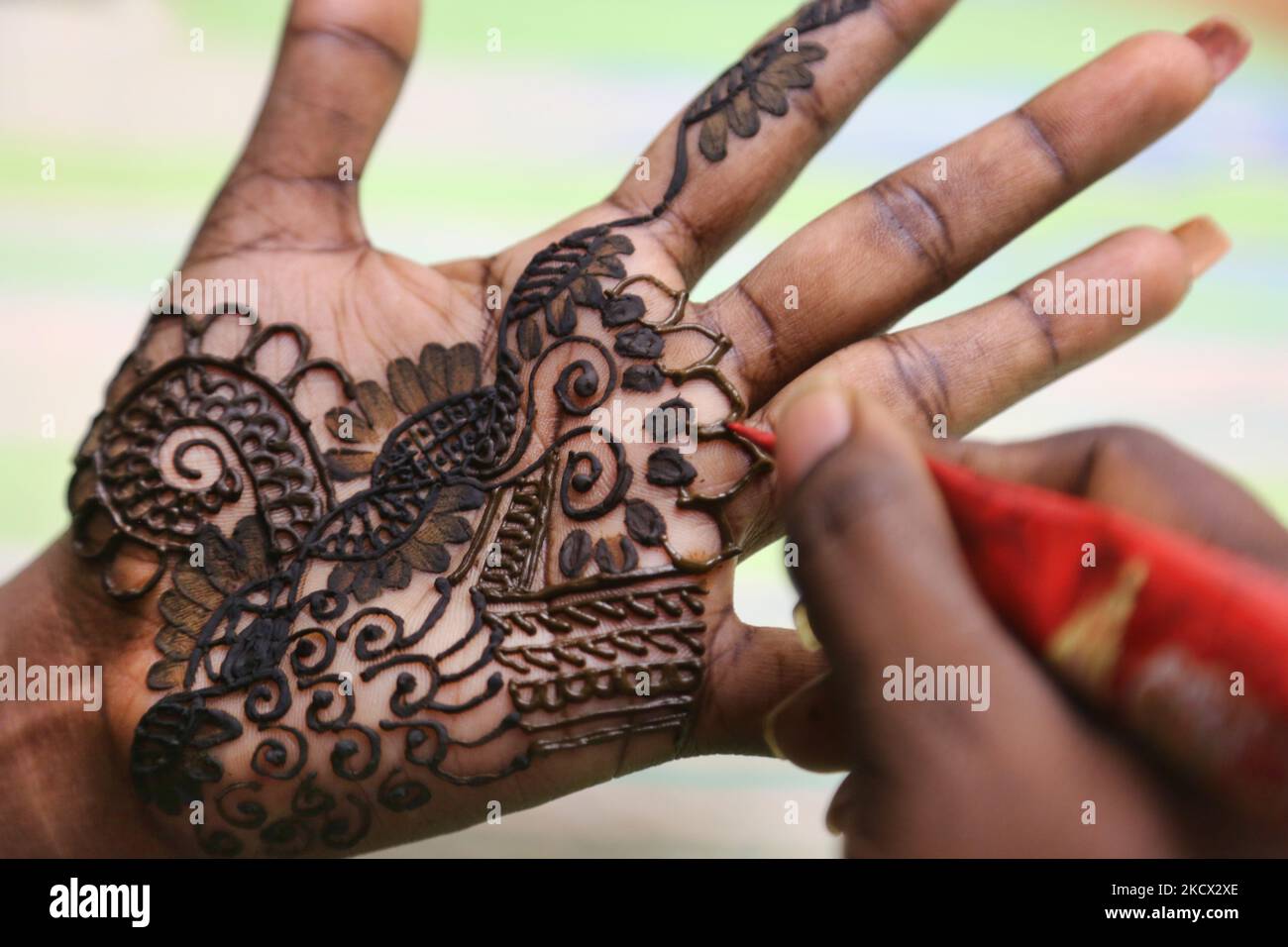 Henna (Mehndi) wird auf die Hände einer Hindu-Frau aufgetragen, um sich auf das Festival von Diwali in Toronto, Ontario, Kanada, am 03. November 2021 vorzubereiten. (Foto von Creative Touch Imaging Ltd./NurPhoto) Stockfoto Henna (Mehndi) wird auf die Hände einer Hindu-Frau aufgetragen, um sich auf das Festival von Diwali in Toronto, Ontario, Kanada, am 03. November 2021 vorzubereiten. (Foto von Creative Touch Imaging Ltd./NurPhoto) Stockfoto