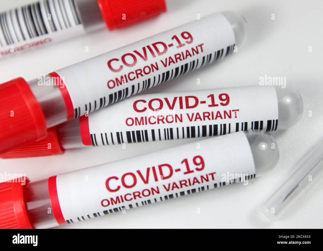Die Probenröhrchen mit der Bezeichnung „COVID-19 Omicron-Variante“ sind auf diesem Bild eines neuen Coronavirus SARS-CoV-2, Variante B.1.1.529, aufgenommen am 02. Dezember 2021 in Kiew abgebildet. (Foto von STR/NurPhoto) Stockfoto