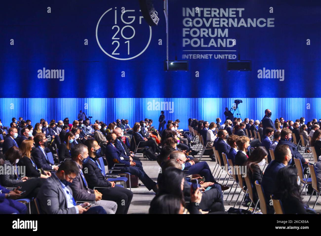 Die Eröffnungsfeier des Internet Governance Forums der Vereinten Nationen - IGF 2021 im Internationalen Kongresszentrum in Katowice, Polen, am 7.. Dezember 2021. Das jährliche IGF-Treffen 16. wird vom 6-10. Bis 20. Dezember von der polnischen Regierung in Katowice unter dem übergeordneten Thema Internet United veranstaltet. (Foto von Beata Zawrzel/NurPhoto) Stockfoto