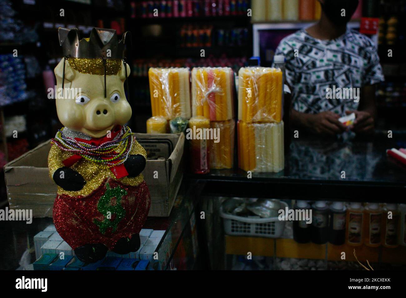 Detail einer Sparschwein, geschmückt mit US-Dollar-Hinweisschildern, in einem Geschäft im Westen der Stadt, inmitten der Coronavirus-Pandemie, am 07. Dezember 2021 in Caracas, Venezuela. (Foto von Javier Campos/NurPhoto) Stockfoto