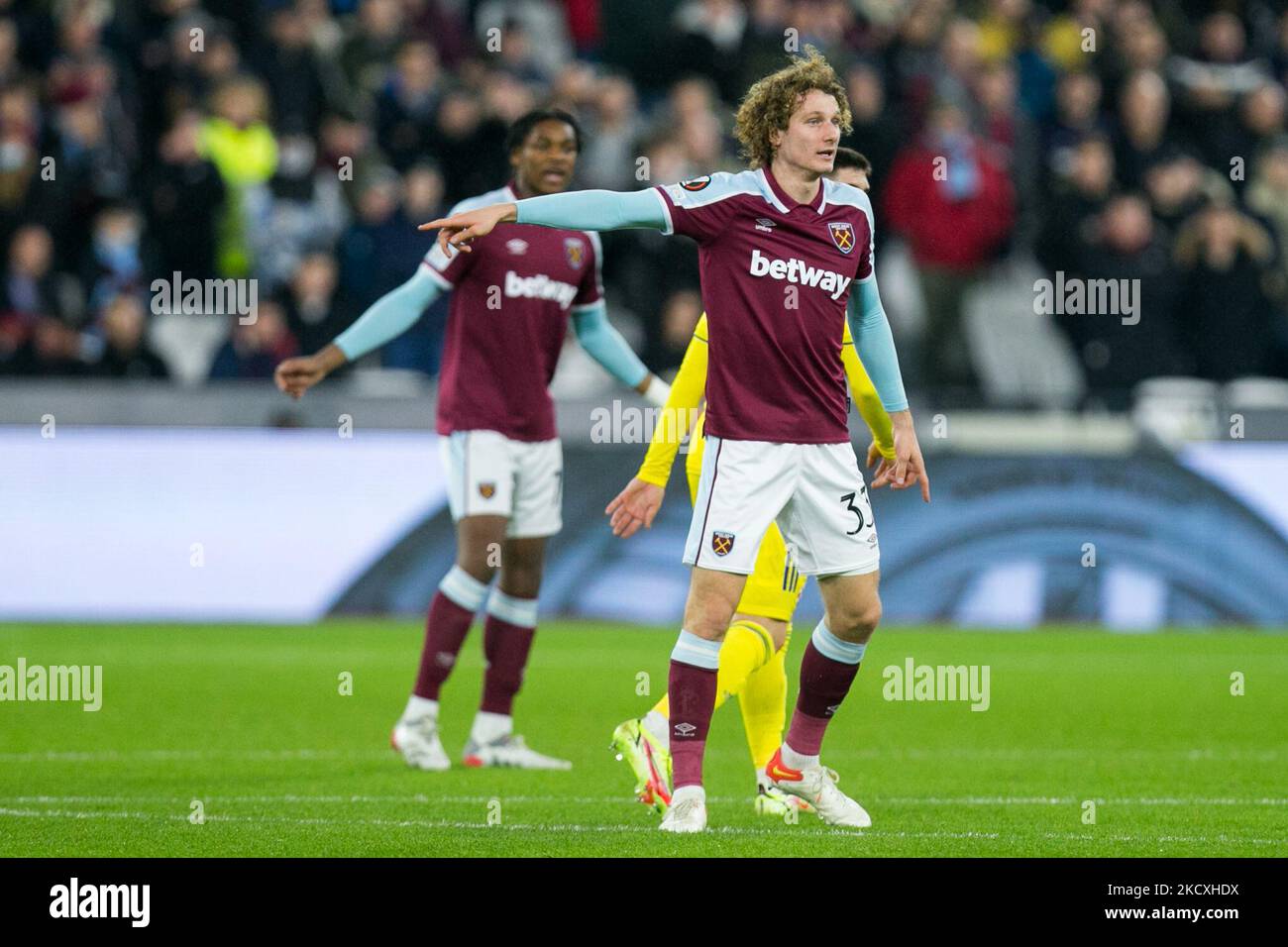 Die Alex-Region von West Ham ist während des UEFA Europa League-Spiels zwischen West Ham United und Dinamo Zagreb am Donnerstag, dem 9.. Dezember 2021, im London Stadium in Stratford zu sehen. (Foto von Federico Maranesi/MI News/NurPhoto) Stockfoto