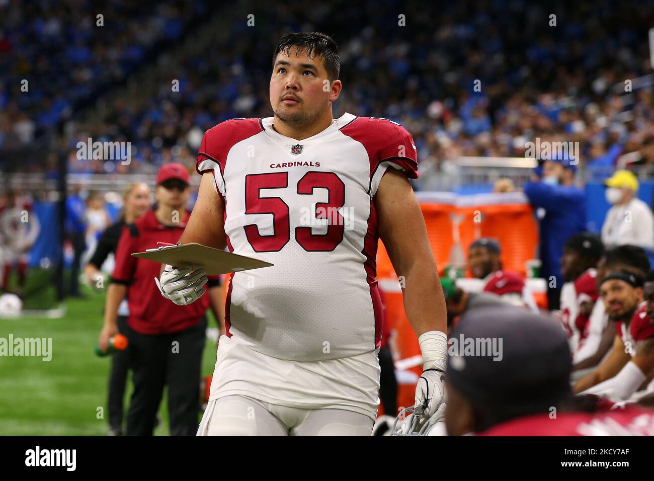 Arizona Cardinals Center Marcus Henry (53) wird während der zweiten Hälfte eines NFL-Fußballspiels gegen die Detroit Lions in Detroit, Michigan, USA, am Sonntag, dem 19. Dezember 2021, gesehen. (Foto von Jorge Lemus/NurPhoto) Stockfoto