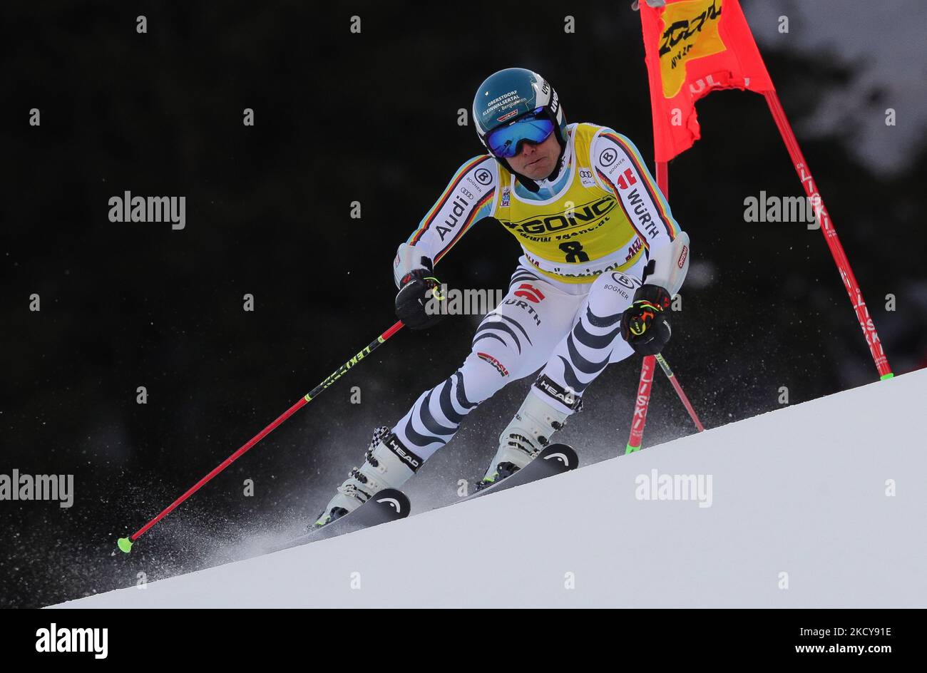 Bild zeigt SCHMID Alexander (GER) Dritter Platz auf der Piste 1 während des alpinen Skirennen 2021 FIS Ski World Cup - Men&#39;s Riesenslalom am 20. Dezember 2021 auf der Gran Risa in Alta Badia, Italien (Foto by Sergio Bisi/LiveMedia/NurPhoto) Stockfoto