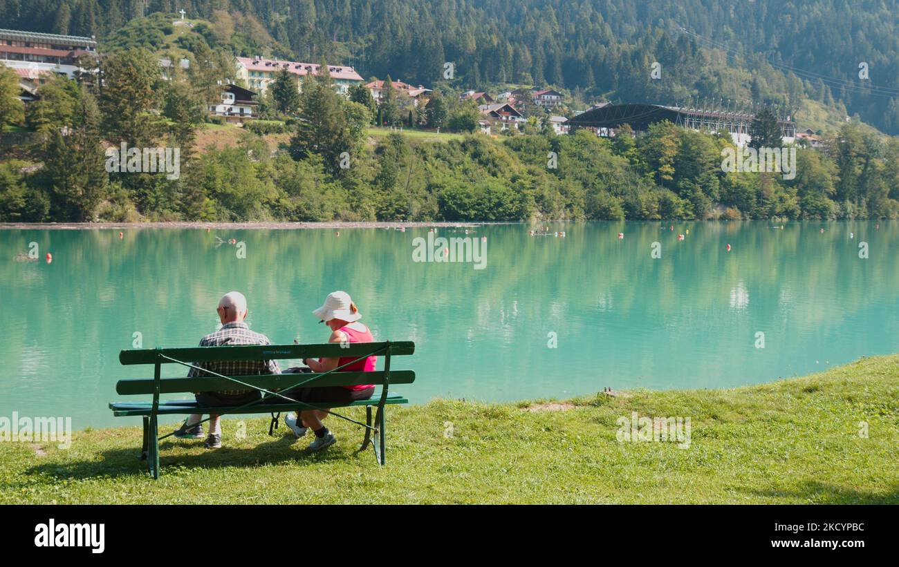 Blick auf den Auronzo-See, auch bekannt als Santa Caterina-See, in Auronzo di Cadore, Italien, am 14. September 2020. Der Auronzo-See liegt in der Nähe der Stadt Auronzo di Cadore in den Dolomiten. (Foto von Manuel Romano/NurPhoto) Stockfoto