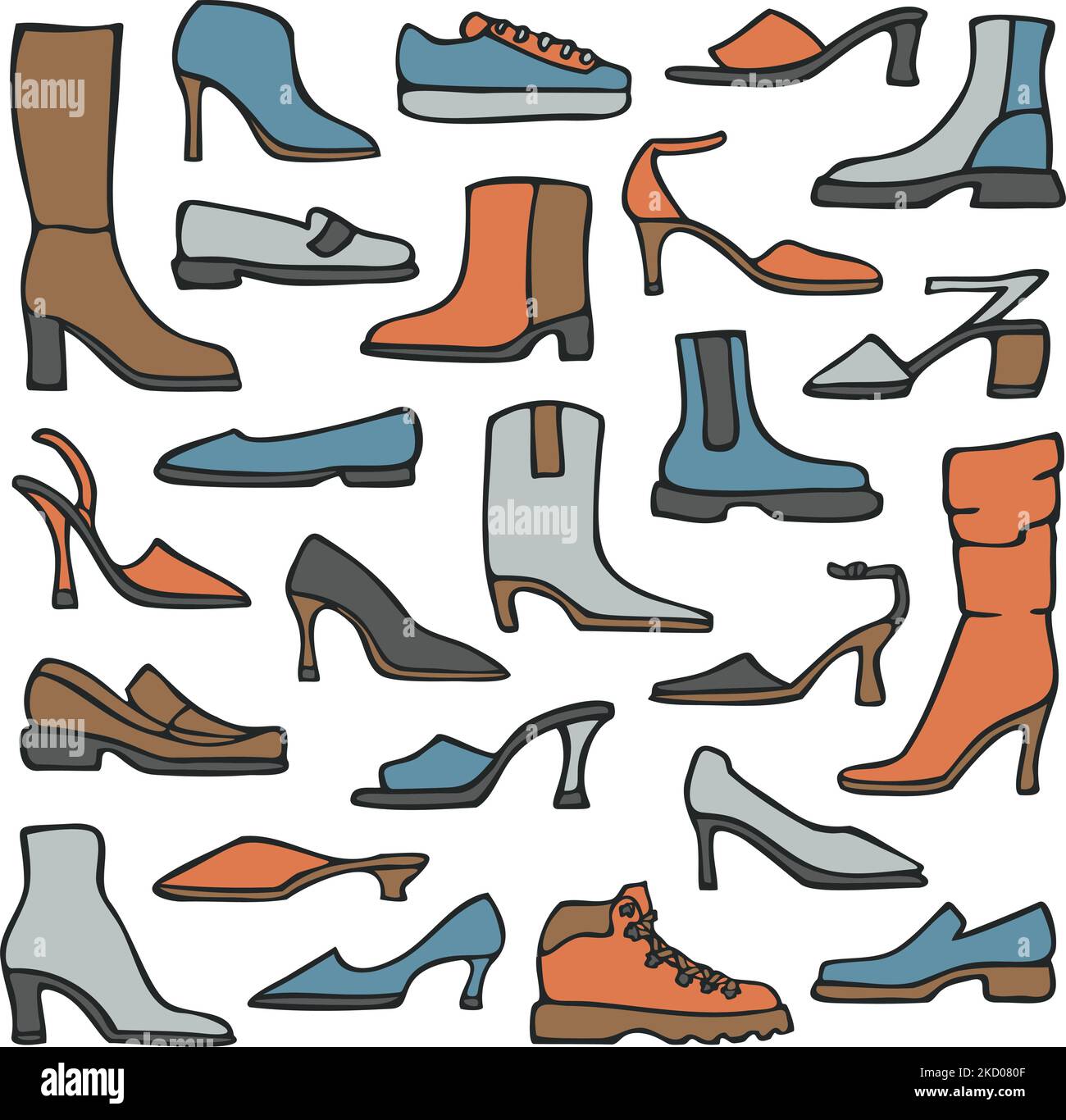 Vektor-Illustration mit Kollektion von Damenschuhen. Handgezeichnete Damenschuhe. Großes Set mit verschiedenen Schuhen. Stock Vektor