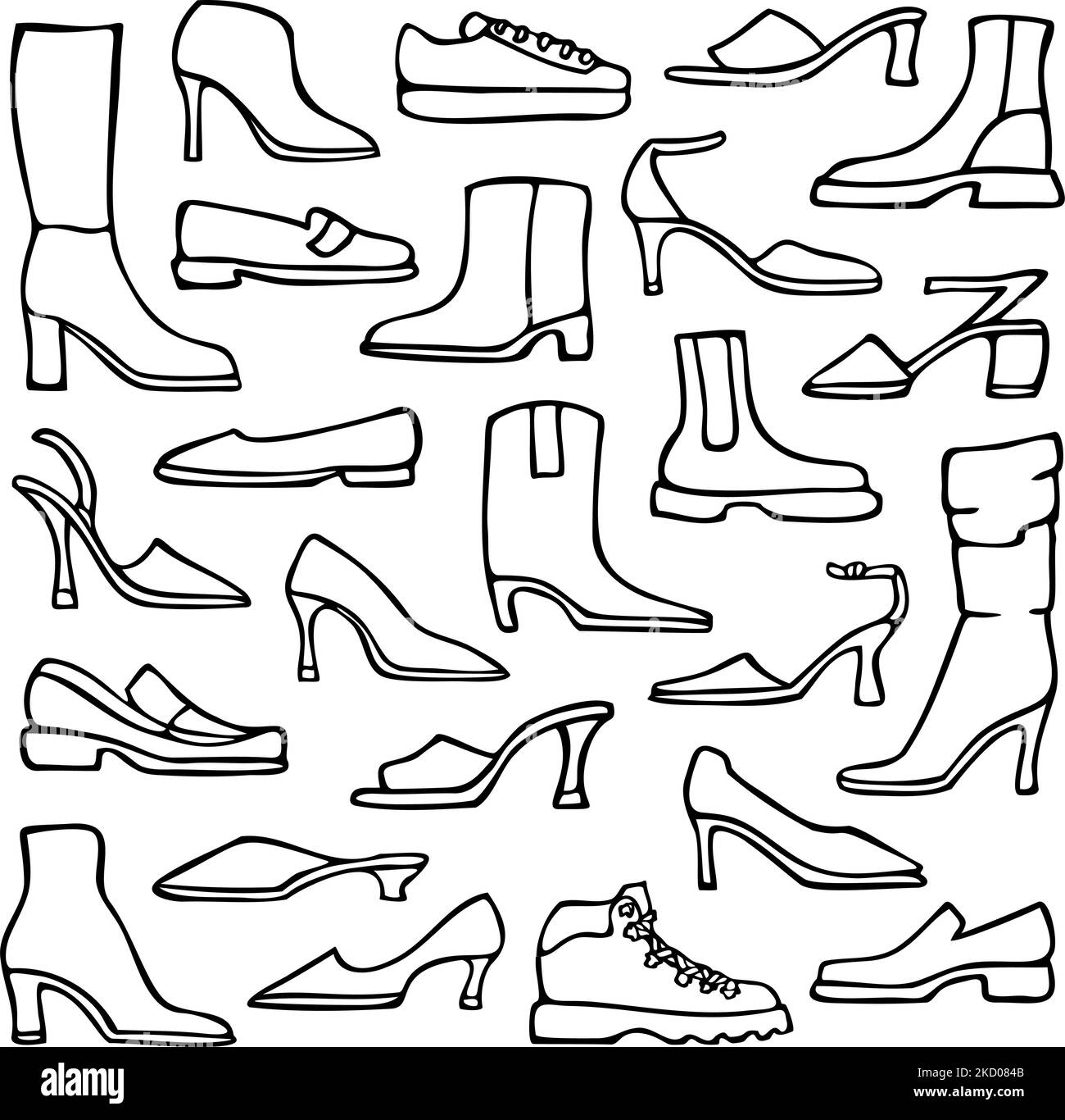 Vektor-Illustration mit Kollektion von Damenschuhen. Design für das ausmalen. Stock Vektor