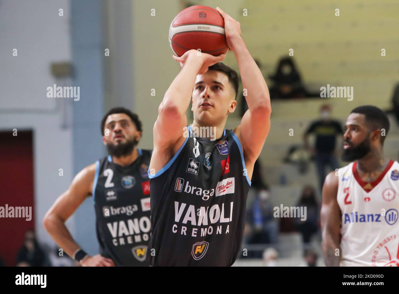 Matteo Spagnolo (Vanoli Cremona) während der italienischen Basketball A Serie Championship Vanoli Basket Cremona gegen Allianz Pallacanestro Triest am 12. Januar 2022 im PalaRadi in Cremona, Italien (Foto von Matteo Casoni/LiveMedia/NurPhoto) Stockfoto