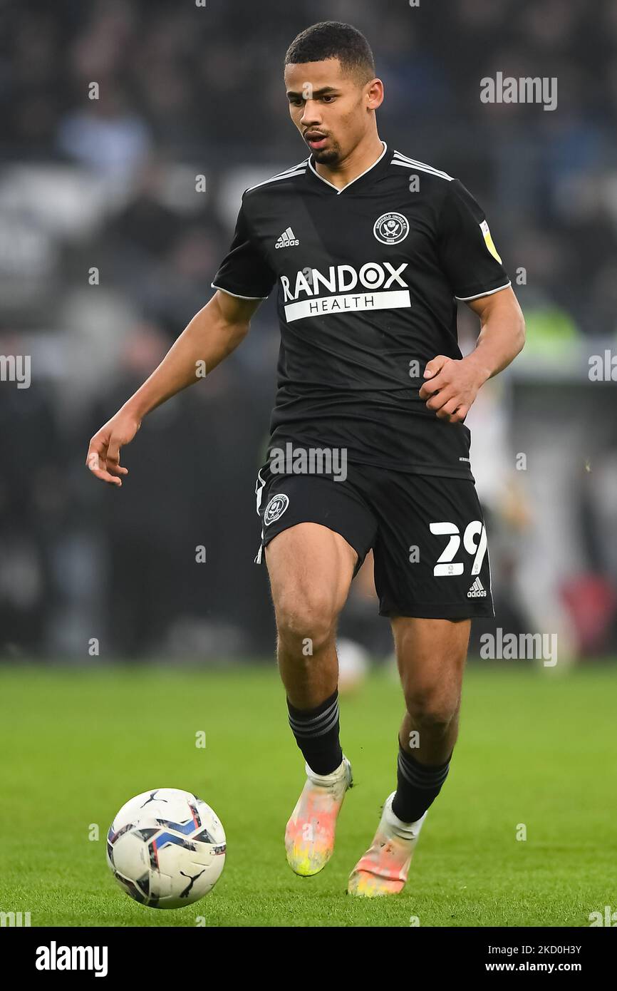 Iliman Ndiaye von Sheffield United während des Sky Bet Championship-Spiels zwischen Derby County und Sheffield United im Pride Park, Derby am Samstag, den 15.. Januar 2022. (Foto von Jon Hobley/MI News/NurPhoto) Stockfoto