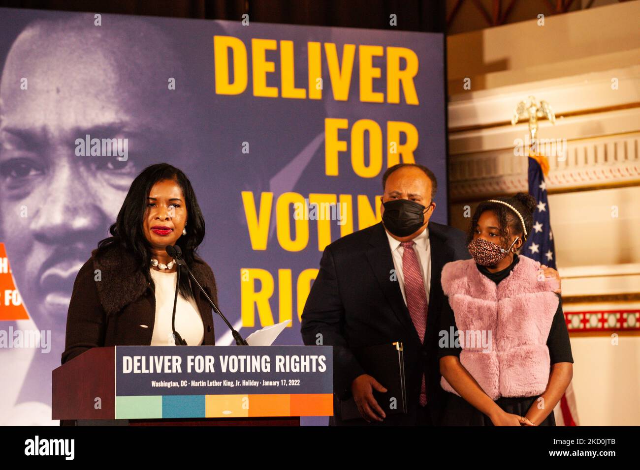 Arndrea Waters King spricht während einer Pressekonferenz über Stimmrechte, die von der Koalition „Deliver for Voting Rights“ veranstaltet wird. Die Konferenz umfasst die Familie King, Bürgerrechtführer, Mitglieder des Kongresses und Vertreter von Partnerorganisationen. Die Königsfamilie bat die Amerikaner, den Geburtstag von MLK Jr. nicht zu feiern, wenn der Senat noch keine Gesetzgebung zum Schutz der Stimmrechte verabschiedet hätte, sondern ihre Senatoren aufzufordern, dass sie Stimmrechtsgarantien erlassen. Es wird erwartet, dass der Senat später in der Woche über die Wahlfreiheit und die Gesetze zur Förderung der Wahlrechte von John Lewis abstimmen wird. (Foto von Alle Stockfoto