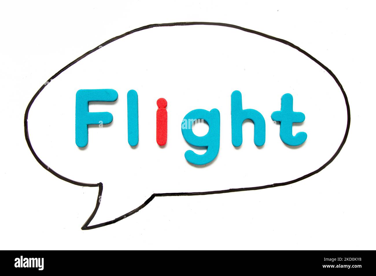 Alphabet Buchstabe mit Wortflug in schwarzer Linie Handzeichnung als Blase Rede auf weißem Brett Hintergrund Stockfoto