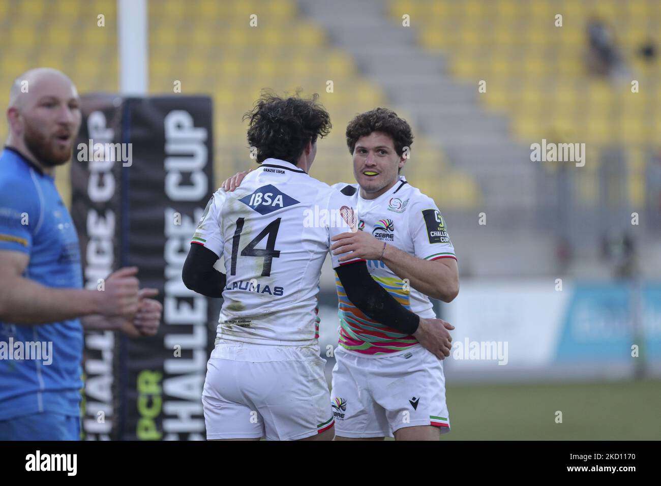 Giovanni dâ €™Onofrio (Zebre) gefeiert für den Versuch während der Rugby Challenge Cup Zebre Rugby Club vs Worcester Warriors am 22. Januar 2022 im Sergio Lanfranchi Stadion in Parma, Italien (Foto von Massimiliano Carnabuci/LiveMedia/NurPhoto) Stockfoto