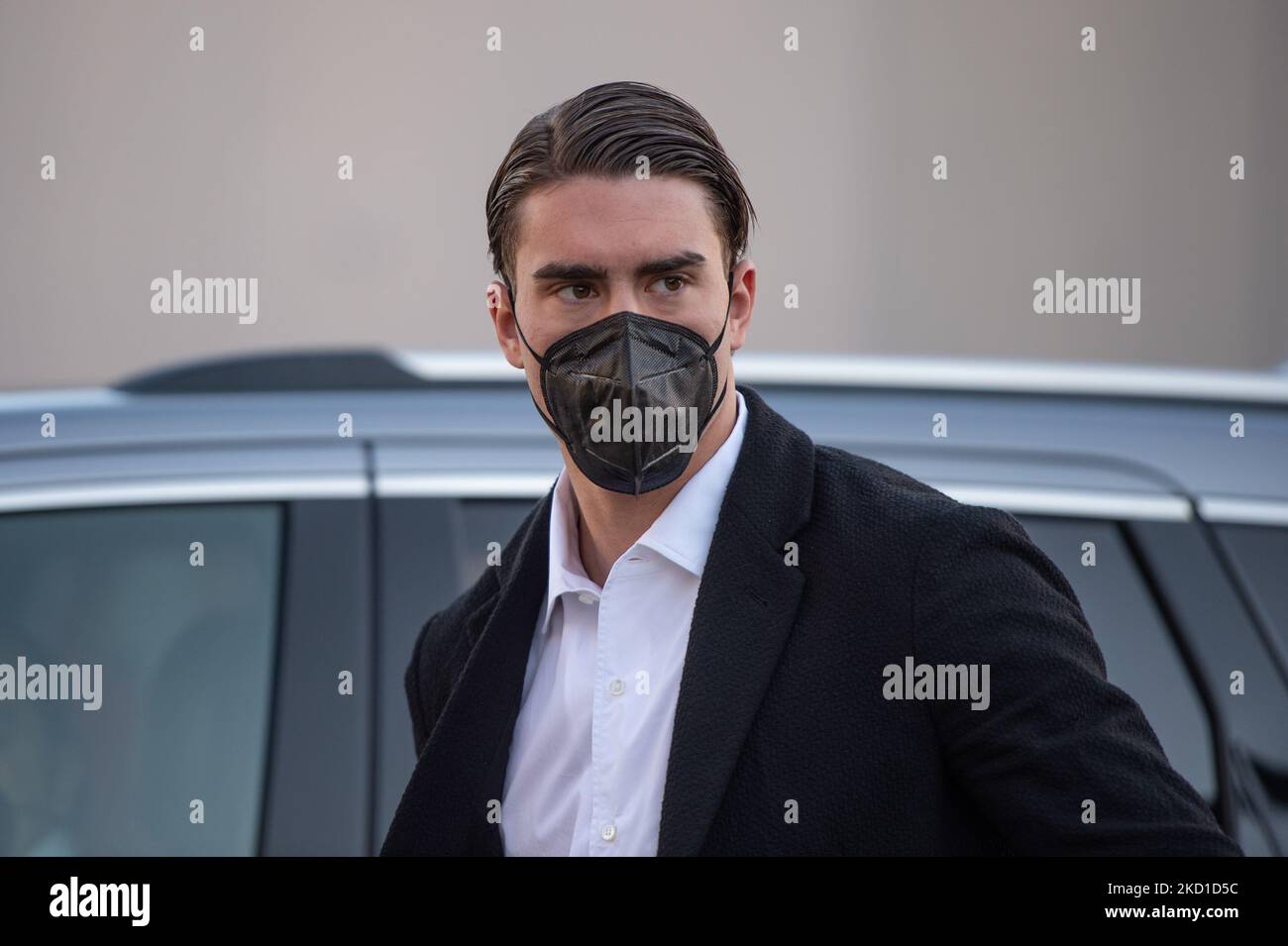 Juventus neues Schild Dusan Vlahovic kommt bei J Medical in Turin zu medizinischen Besuchen an. In Italien, am 28. Januar 2022 (Foto von Alberto Gandolfo/NurPhoto) Stockfoto