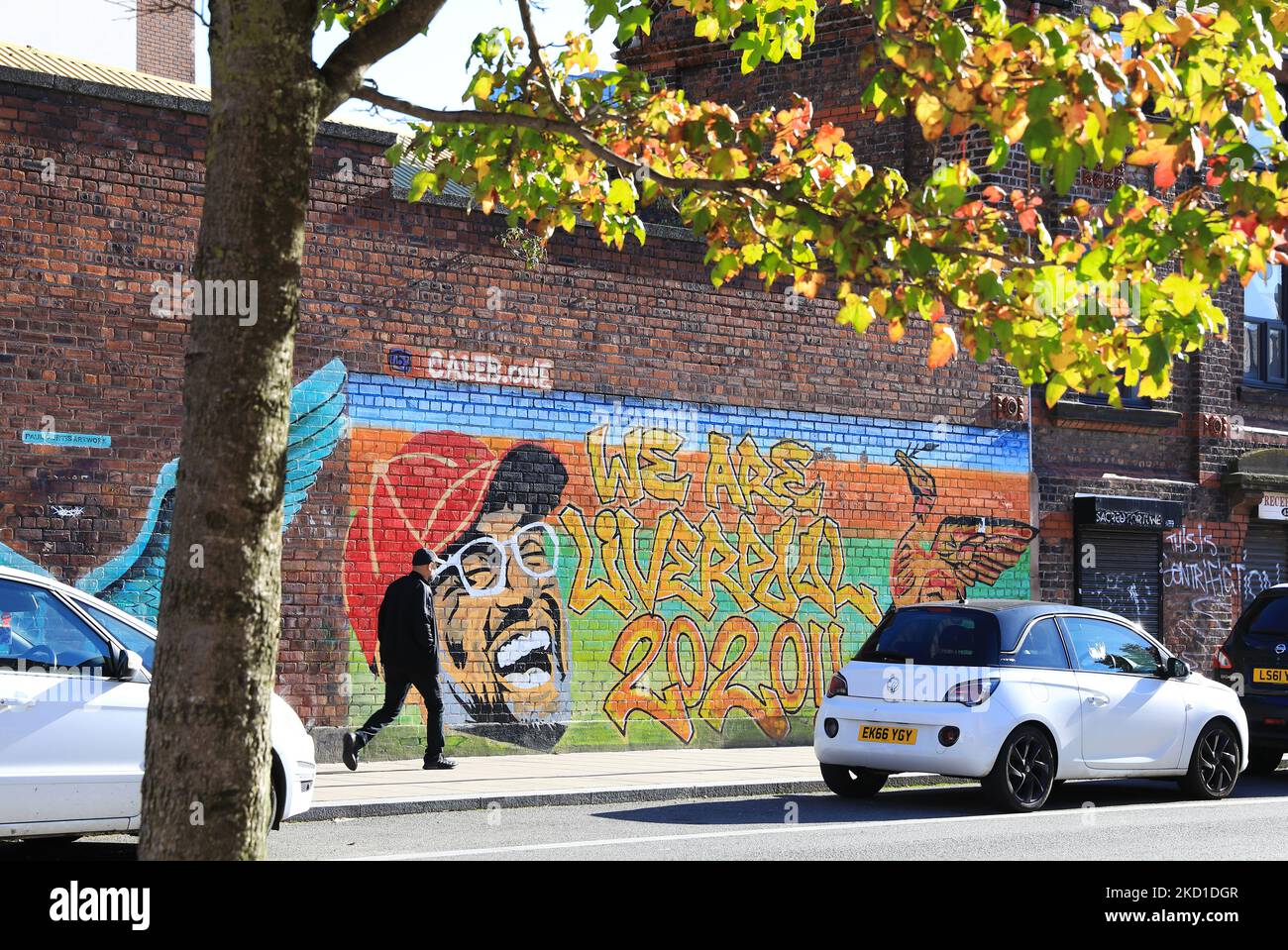 Wandgemälde von Jurgen Klopp, dem FC-Manager von Liverpool, auf der Jamaica Street im Baltischen Dreieck in Liverpool, Großbritannien Stockfoto