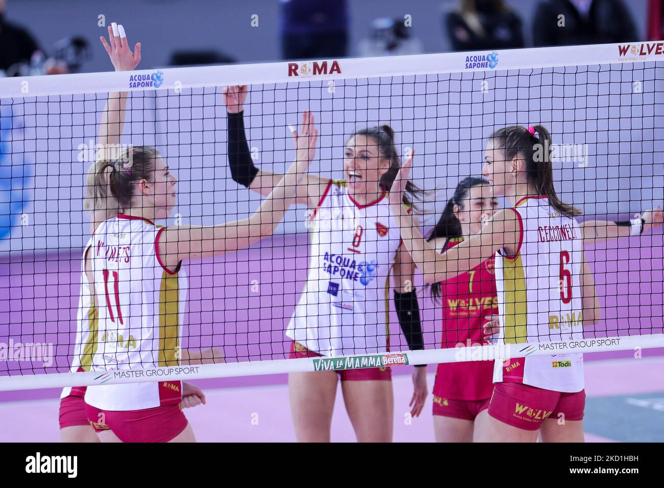 Acqua &amp; Sapone Roma Volley Club Jubel während des Volleyball Italienischen Serie A1 Frauenmatches Acqua&Sapone Roma Volley Club gegen Bartoccini Fortinfissi Perugia am 30. Januar 2022 im Pala EUR in Rom, Italien (Foto: Luigi Mariani/LiveMedia/NurPhoto) Stockfoto