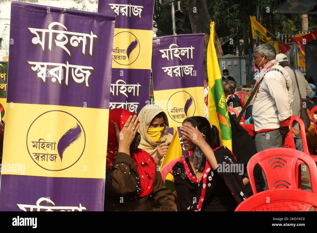 Muslimische Frauen beteiligt sich an der Kundgebung, die Sanyukt Kisan Morcha (SKM) beobachten Januar 31 als â € œbetrayal dayâ € im ganzen Land durch die Organisation von Protestdemonstrationen gegen das, was es beschrieben als â € œdeceit meted out zu farmersâ €, in Kalkutta, Indien am 31,2022. Januar. (Foto von Debajyoti Chakraborty/NurPhoto) Stockfoto