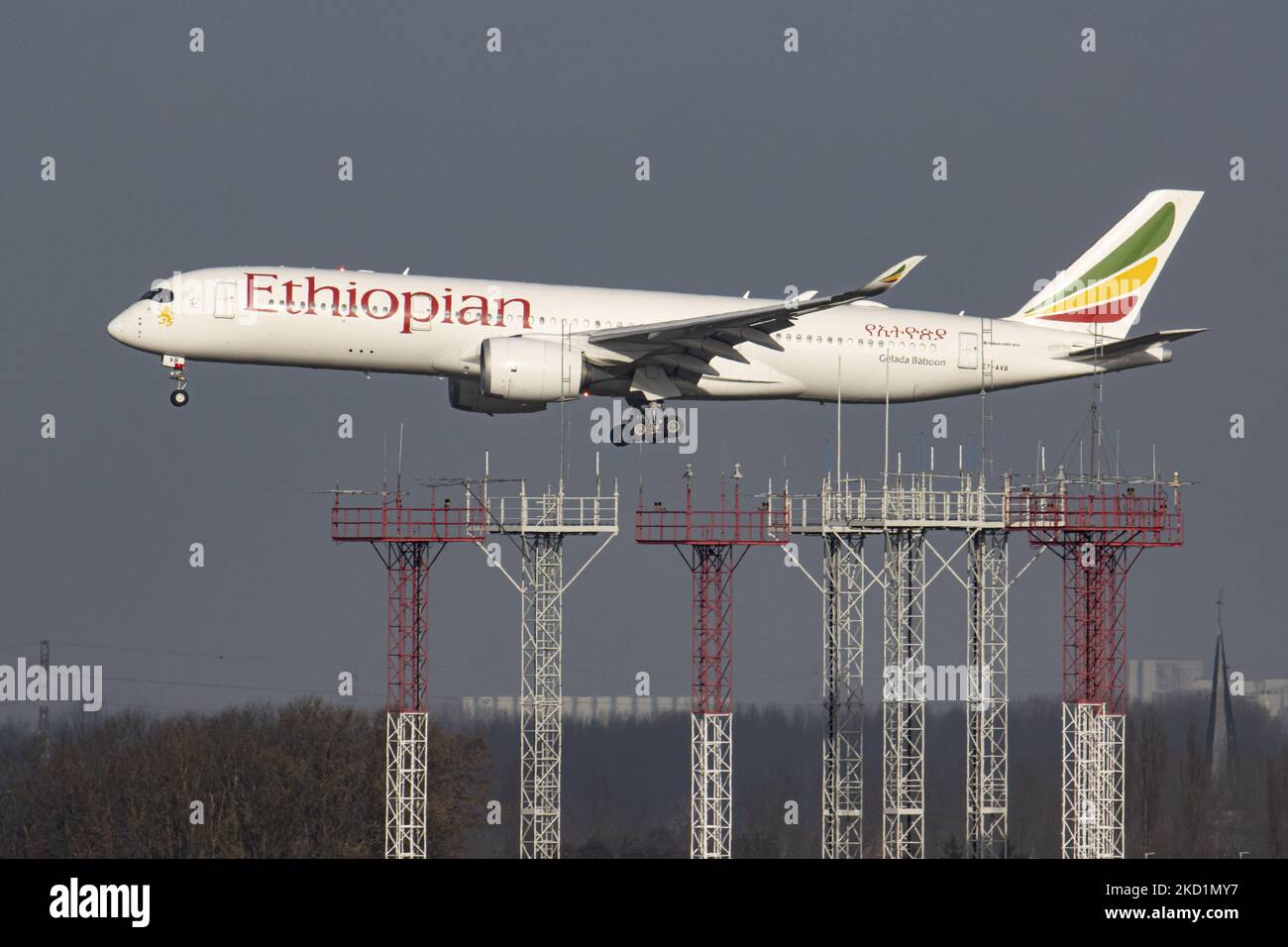 Ethiopian Airlines Airbus A350-Großraumflugzeuge, wie sie bei ihrem endgültigen Anflug auf den Brüsseler Flughafen Zaventem BRU über Flugleitungsinstrumente fliegen. Das ankommende kommerzielle Jet-Flugzeug befördert Passagiere und Fracht aus der Hauptstadt Äthiopiens Adis Abeba. Das Flugzeug hat die Registrierung ET-AVB und den Namen Gelada Baboon. Ethiopian ist der Flaggschiff-Carrier von Äthiopien, verfügt über eine Flotte von 127 Passagier- und 58 Frachtflugzeugen, die sich im Besitz der Regierung und Mitglied der Star Alliance Aviation Group befinden. Die Luftfahrtindustrie und der Personenverkehr stehen mit dem Covi in einer schwierigen Phase Stockfoto