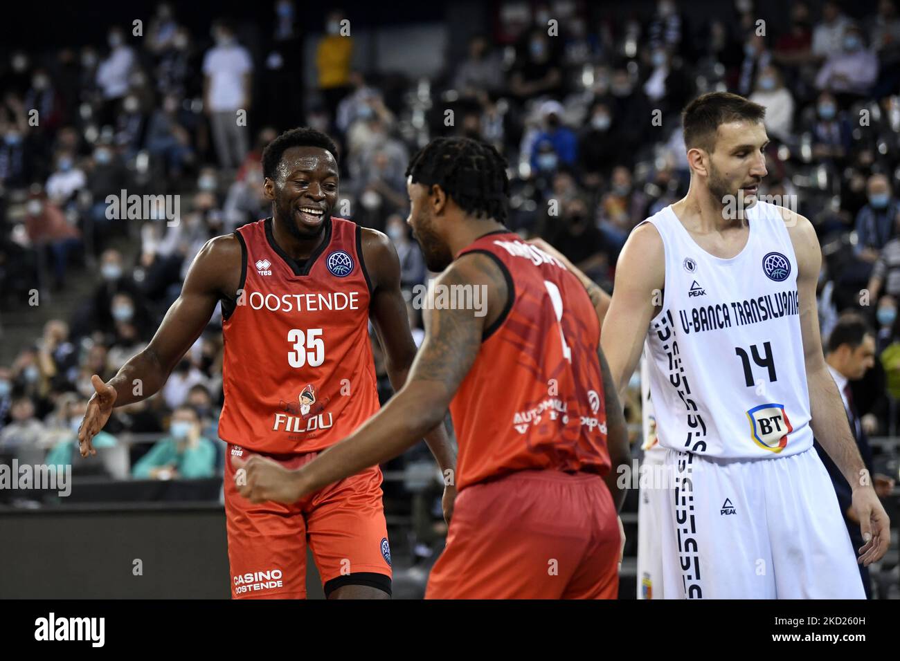 Amida Briham, feiert, nachdem er 2 Punkte während des Spiels U-BT Cluj-Napoca gegen Filou Oostende in der Gruppe K der Basketball Champions League, Runde von 16, umstritten in BT Arena, Cluj-Napoca, 07. Januar 2022 (Foto von Flaviu Buboi/NurPhoto) Stockfoto