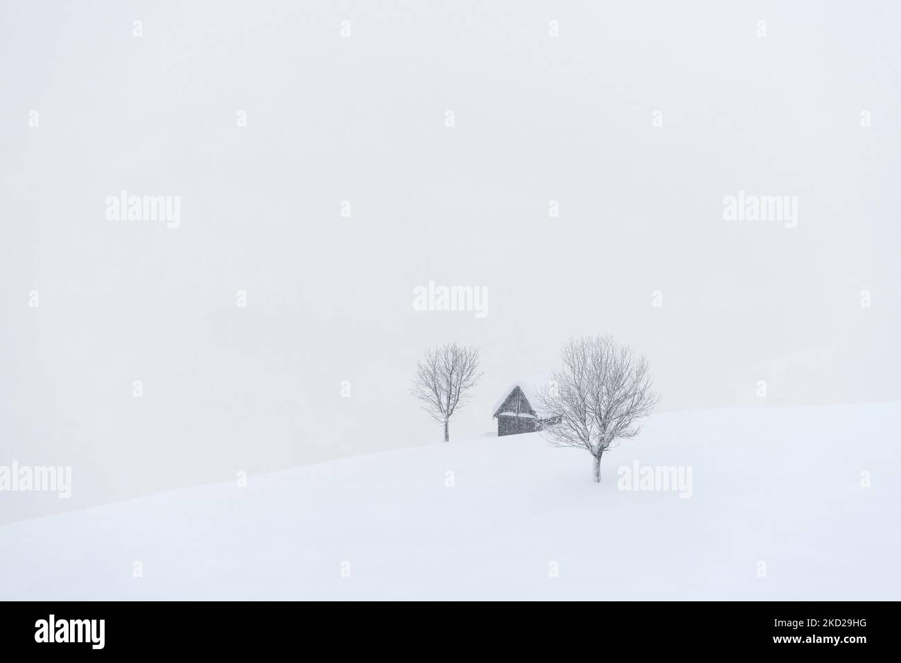 Minimalistische Winterlandschaft mit einsamer Hütte im Schnee Stockfoto