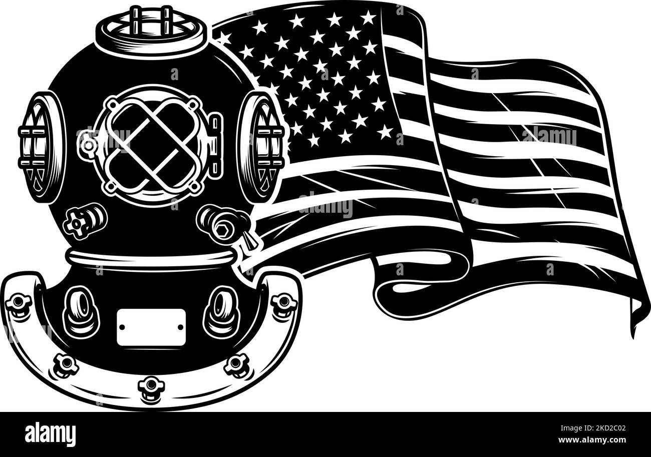 Helm auf us-Flagge im Hintergrund. Gestaltungselement für Poster, Karte, Banner, Design. Vektorgrafik Stock Vektor