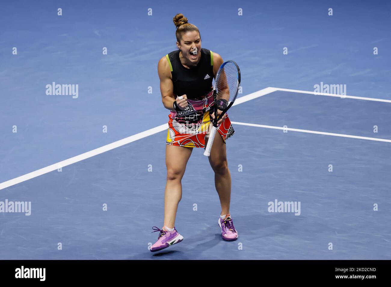 Maria Sakkari aus Griechenland feiert am 11. Februar 2022 in der Sibur Arena in Sankt Petersburg, Russland, das Viertelfinale des WTA 500 St. Petersburg Ladies Trophy 2022 International Tennis Tournament gegen Elise Mertens aus Belgien. (Foto von Mike Kireev/NurPhoto) Stockfoto