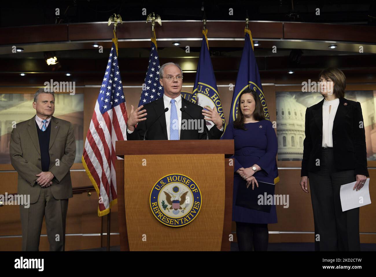 Der Kongressabgeordnete Brett Guthrie (R-KY) spricht heute auf einer Pressekonferenz am 08. Februar 2021 im HVC/Capitol Hill in Washington DC, USA, über illegale Drogen und Einwanderung an den US-MX-Grenzen. (Foto von Lenin Nolly/NurPhoto) Stockfoto