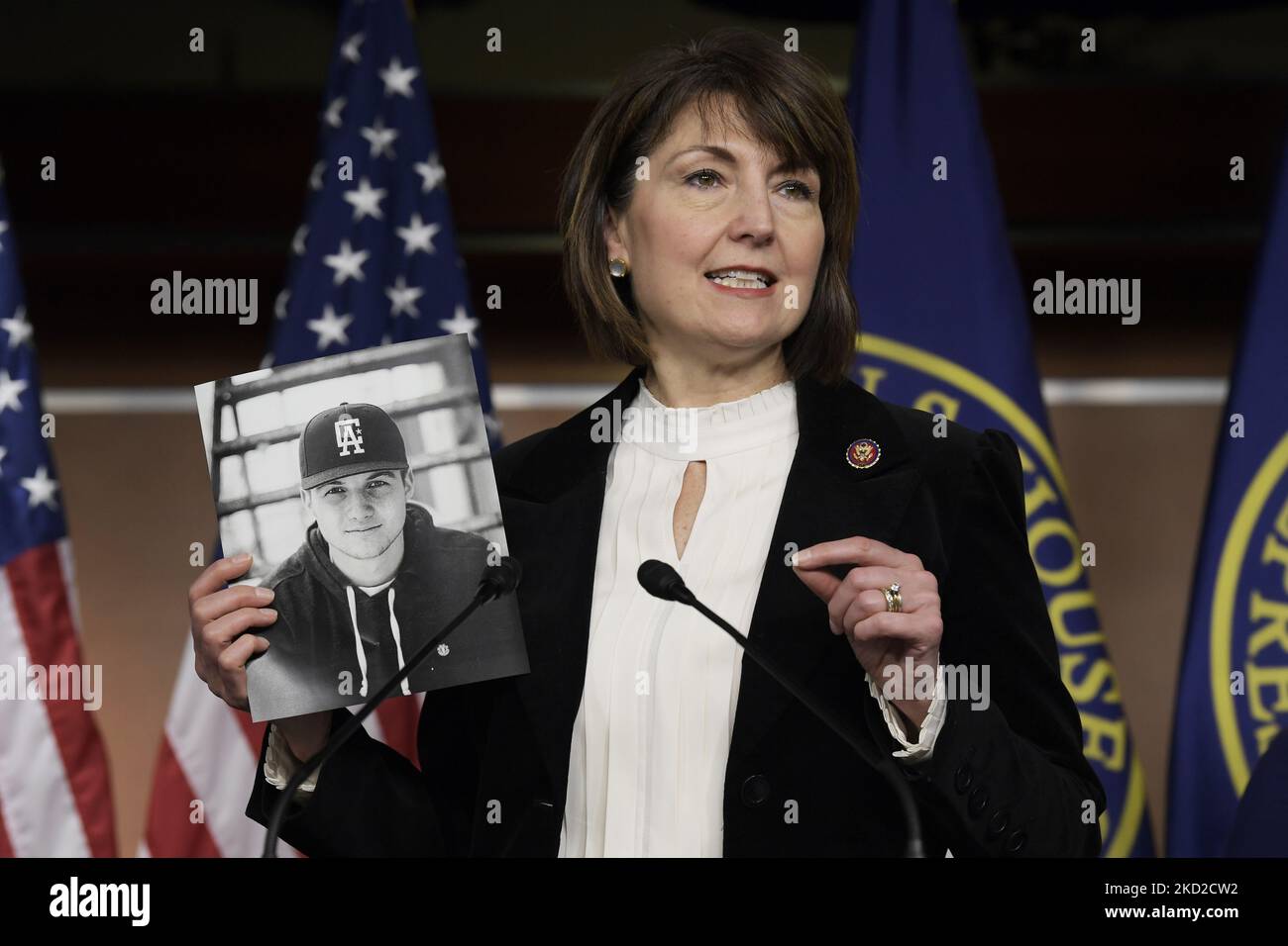 Cathy McMorris Rodgers (R-WA), Mitglied der Republikaner, spricht heute auf einer Pressekonferenz am 08. Februar 2021 im HVC/Capitol Hill in Washington DC, USA, über illegale Drogen und Einwanderung an den US-MX-Grenzen. (Foto von Lenin Nolly/NurPhoto) Stockfoto