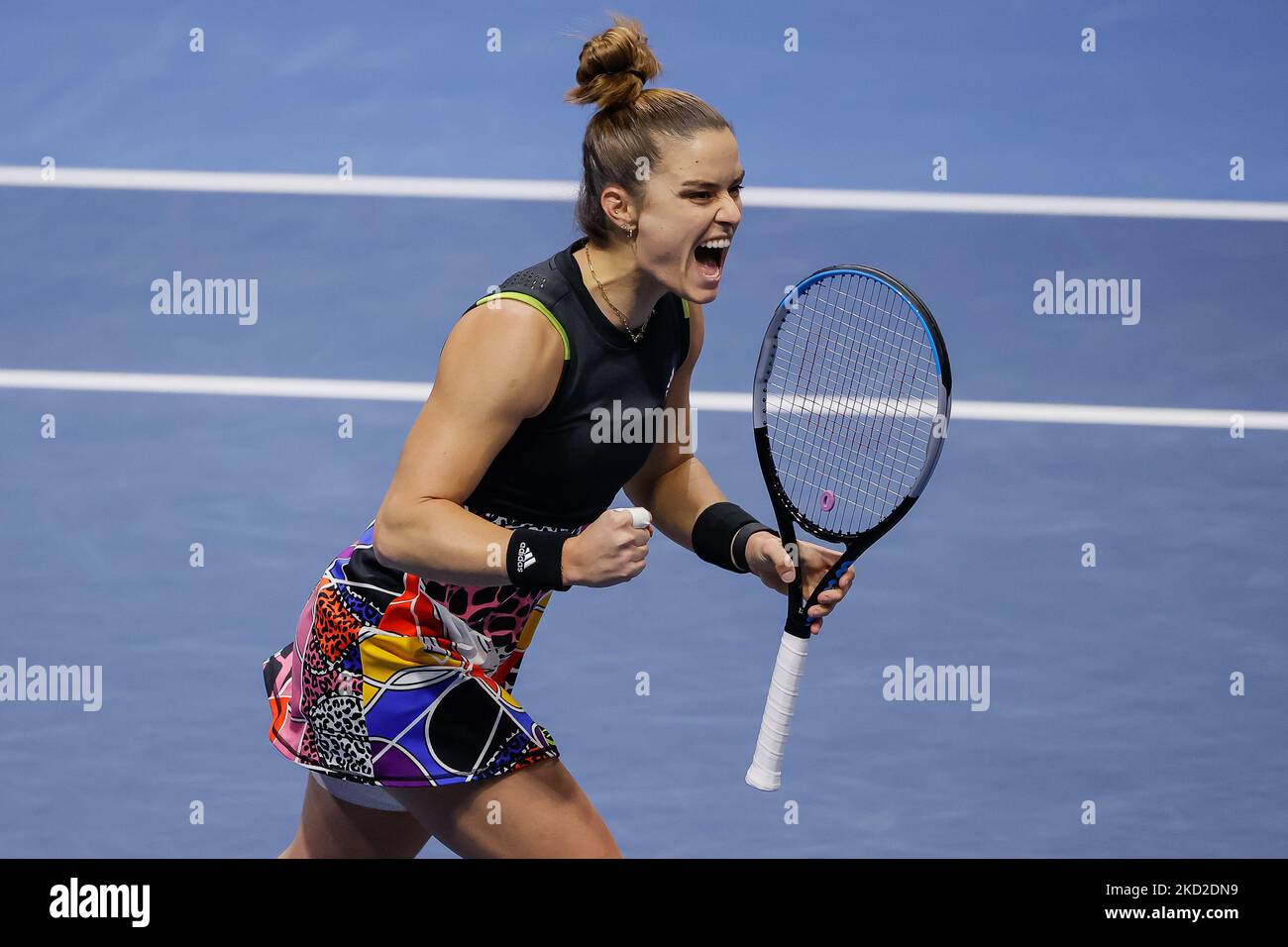 Maria Sakkari aus Griechenland feiert am 12. Februar 2022 in der Sibur Arena in Sankt Petersburg, Russland, während des Halbfinalmatches der Frauen beim WTA 500 St. Petersburg Ladies Trophy 2022 International Tennis Tournament gegen Irina-Camelia Begu aus Rumänien. (Foto von Mike Kireev/NurPhoto) Stockfoto