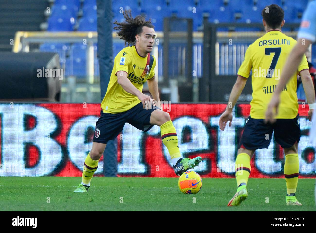 Arthur Theate (FC Bologna) während der Italienischen Fußball-Liga Ein Spiel von 2021/2022 zwischen SS Lazio und FC Bologna im Olimpic Stadium in Rom am 12. Februar 2022. (Foto von Fabrizio Corragetti/LiveMedia/NurPhoto) Stockfoto