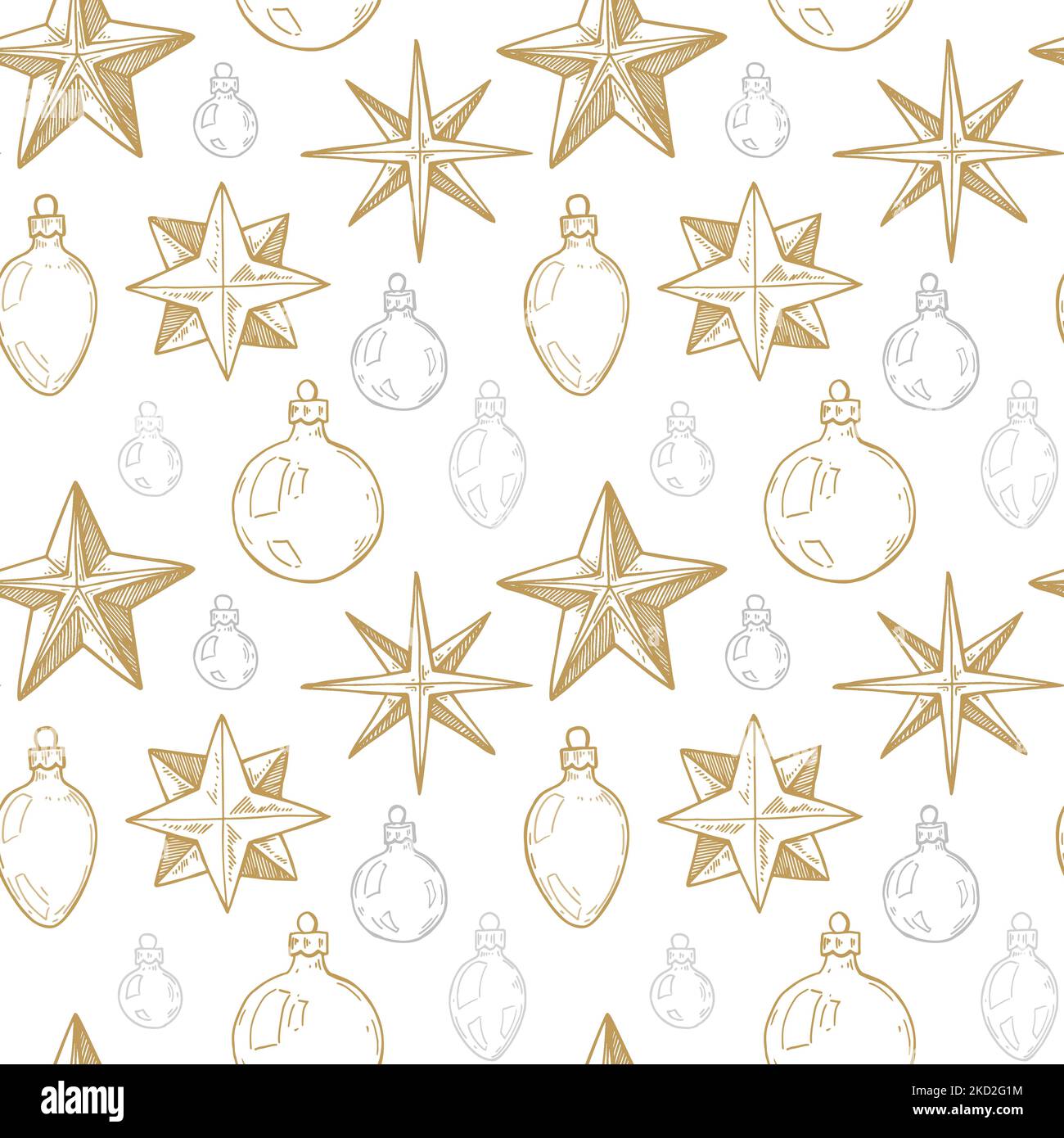 Frohe Weihnachten und glückliches neues Jahr nahtloses Muster mit goldenen handgezeichneten Sternen und Spielzeug. Festlicher Hintergrund. Vektorgrafik im Skizzenstil Stock Vektor