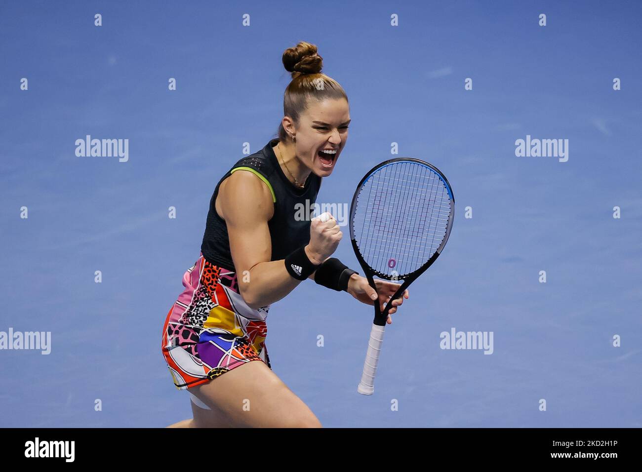 Maria Sakkari aus Griechenland feiert am 13. Februar 2022 in der Sibur Arena in Sankt Petersburg, Russland, das Finale der WTA 500 St. Petersburg Ladies Trophy 2022 International Tennis Tournament gegen Anet Kontaveit aus Estland. (Foto von Mike Kireev/NurPhoto) Stockfoto