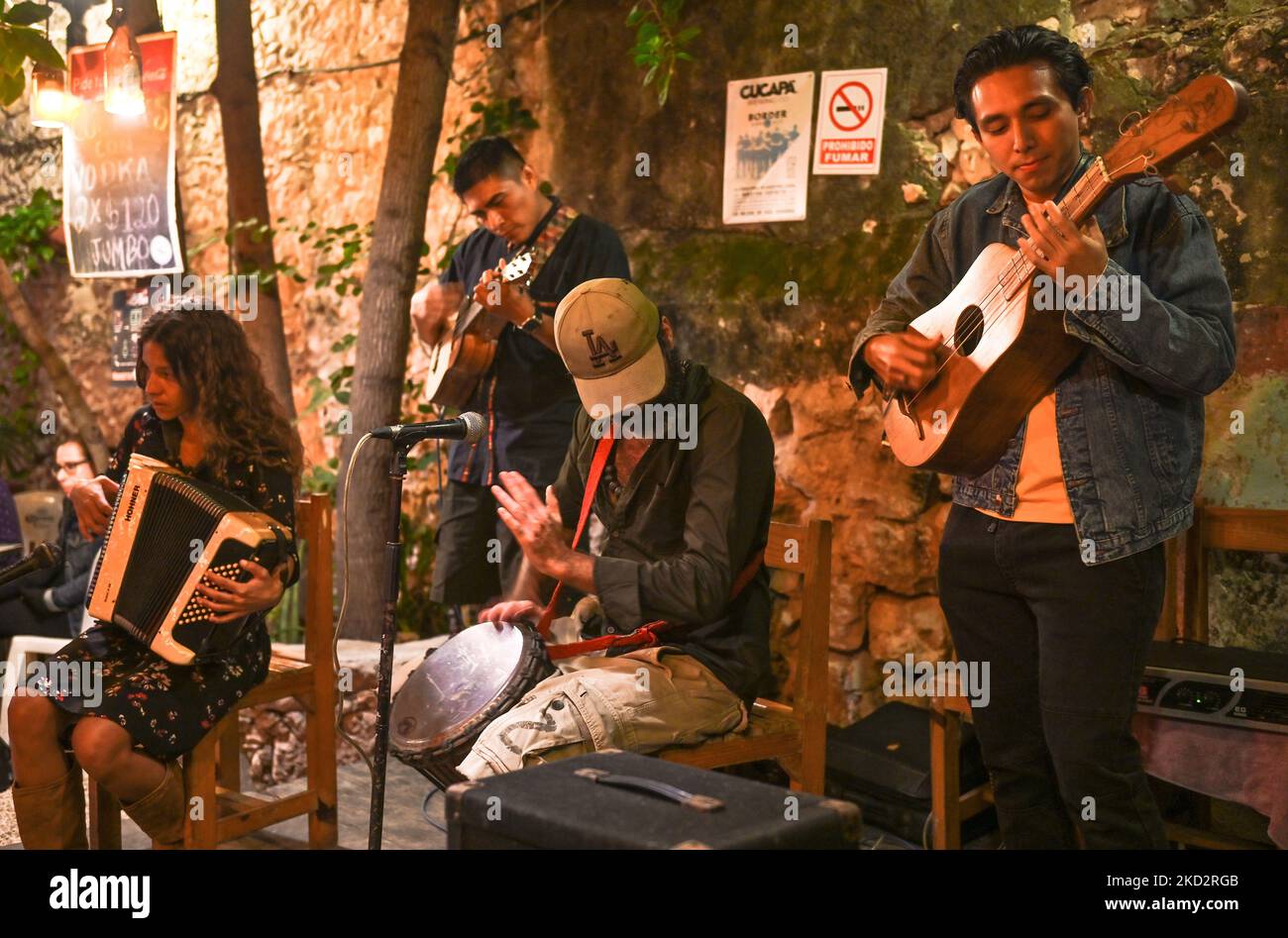Die Band Son Malora tritt am Valentinstag in der El Cardenal Cantina in Merida auf. Son Malora, ein unabhängiges Musikprojekt, das im Oktober 2016 in Chicxulub Puerto, Yucatan, geboren wurde, vereint den Einfluss jedes der vier Mitglieder, die verschiedene Musikgenres vertreten. Am Montag, den 14. Februar 2022, in Merida, Yucatan, Mexiko. (Foto von Artur Widak/NurPhoto) Stockfoto