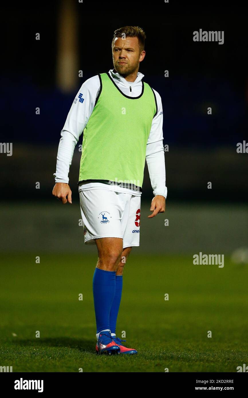 Nicky Featherstone von Hartlepool United erwärmt sich während des Sky Bet League 2-Spiels zwischen Hartlepool United und Tranmere Rovers am Dienstag, den 15.. Februar 2022 im Victoria Park, Hartlepool. (Foto von will Matthews/MI News/NurPhoto) Stockfoto