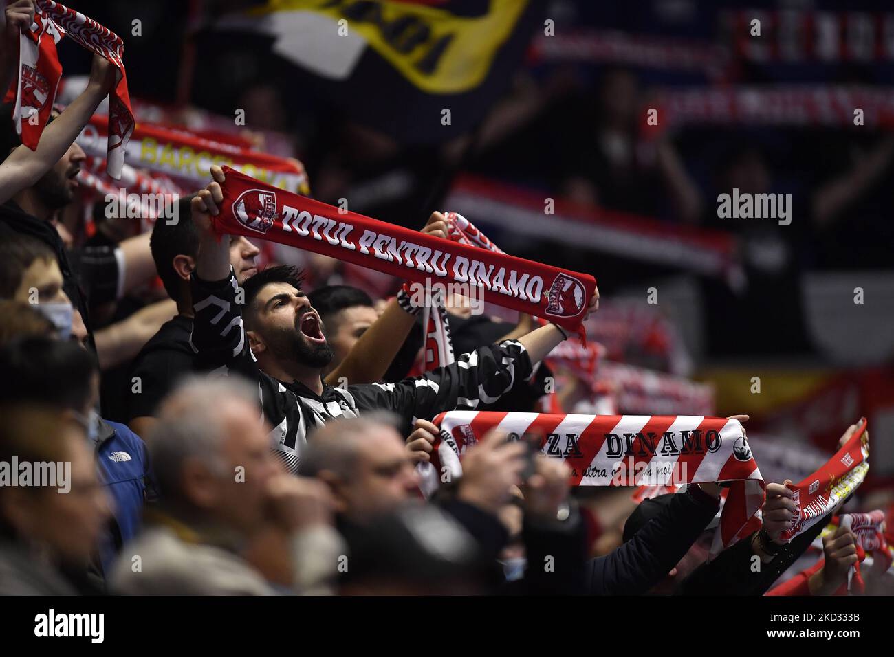 Dinamo-Fans im Einsatz beim EHF Champions League Men-Spiel zwischen Dinamo Bukarest und Barca am Donnerstag, den 17. februar 2022, in Bukarest, Rumänien. (Foto von Alex Nicodim/NurPhoto) Stockfoto