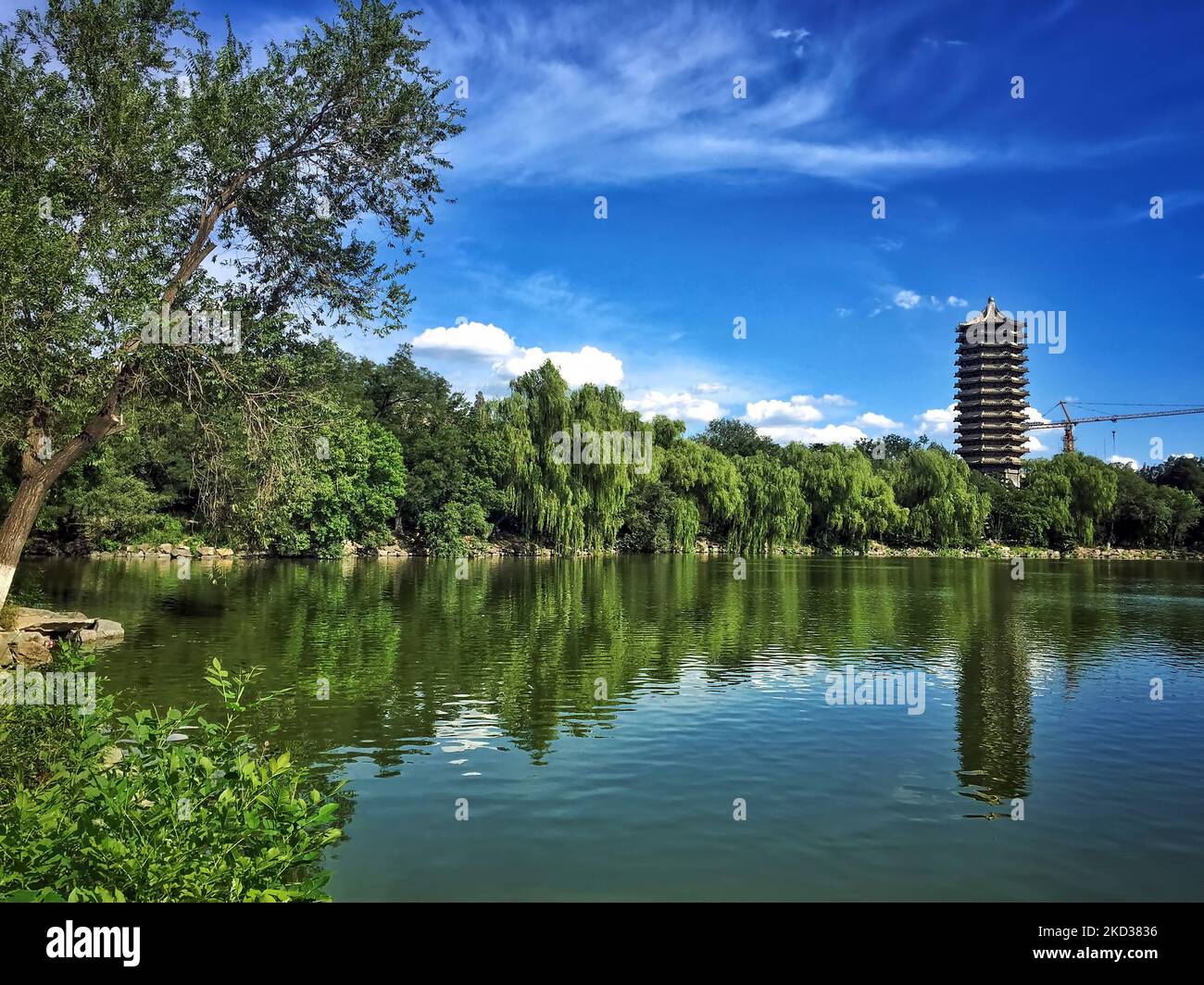 Der wunderschöne Weimingsee mit Bäumen, die sich im Wasser spiegeln, und die Boya-Pagode im Hintergrund Stockfoto