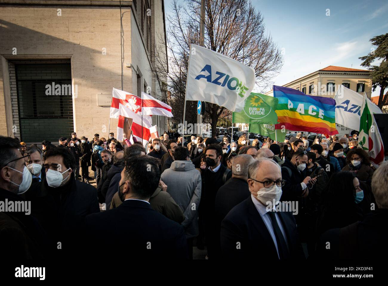 Roberto Gualtieri, Bürgermeister von Rom, spricht während einer Protestveranstaltung vor der russischen Botschaft in Rom, Italien, am 24. Februar 2022. Russische Truppen starteten am 24. Februar nach wochenlanger intensiver Diplomatie und der Verhängung westlicher Sanktionen gegen Russland zur Verhinderung eines bewaffneten Konflikts in der Ukraine eine große Militäroperation gegen die Ukraine (Foto: Andrea Ronchini/NurPhoto) Stockfoto