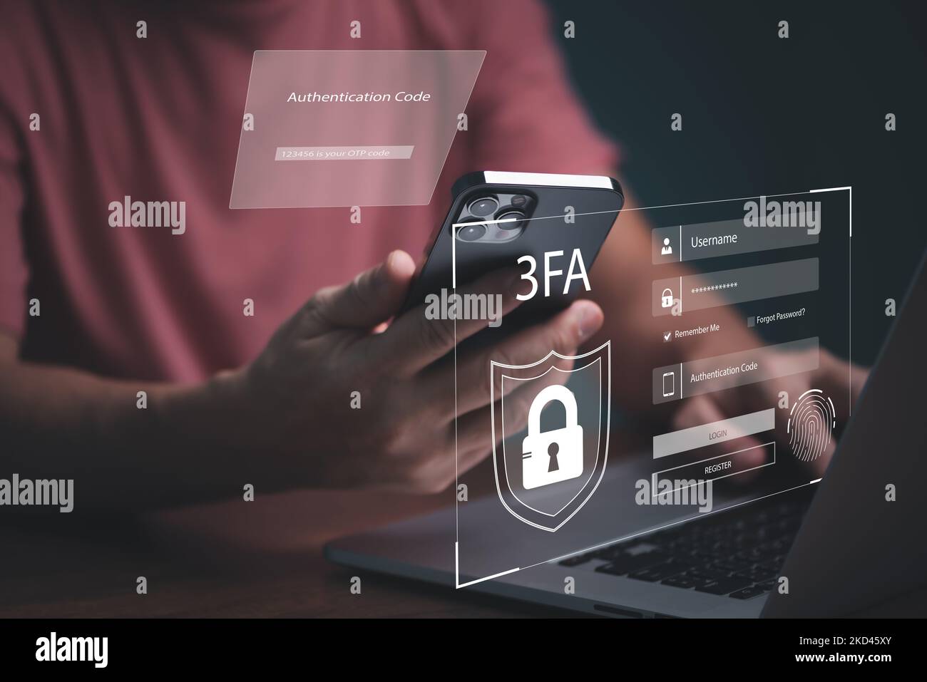 Benutzername, sicheres Kennwort, OTP-Code, Fingerabdruck, Internetnetzwerksicherheit, persönliche Daten zum Schutz des Cyberspace im Internet mit 3Fa, Baum- Stockfoto
