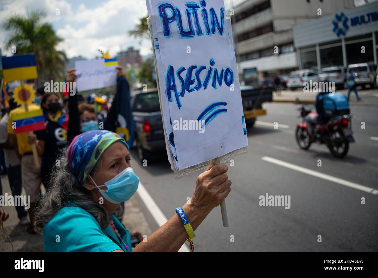 Protest gegen die russische Invasion in der Ukraine vor dem Gebäude der Europäischen Union in Caracas am 3. März 2022. (Foto von Jonathan Lanza/NurPhoto) Stockfoto