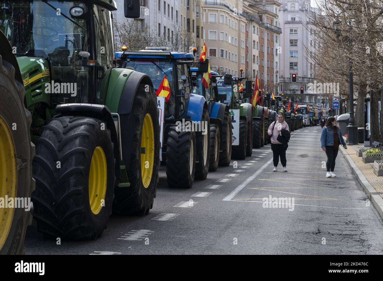 Rund 200 Traktoren unterstützten den Protest der Bauern für die niedrigen Milchkosten und den Schutz des Wolfes, der am 04. März 2022 in den Straßen von Santander, Spanien, einstürzte. (Foto von Joaquin Gomez Sastre/NurPhoto) Stockfoto