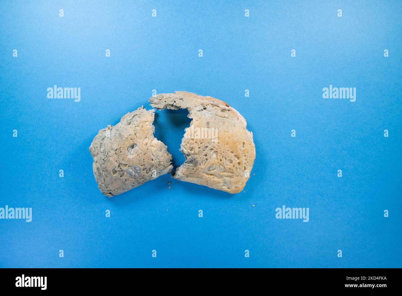 Gebrochenes Krustenende eines mit blauem Schimmel besäten Laibs auf dunkelblauem Hintergrund Stockfoto